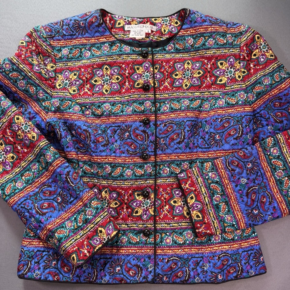 Vintage Maggy London 100% Silk Floral Quilted Boho Jacket Womens 8 Crop